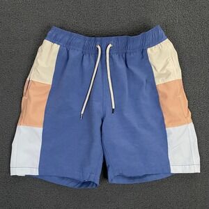 Faherty Swim Trunks Men Large Blue Tan Colorblock Drawstring Mesh Lined Summer